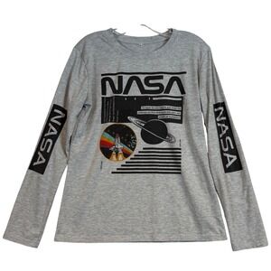 NASA Long Sleeve Graphic T-Shirt Gray Space Shuttle Saturn Mens Medium STEM